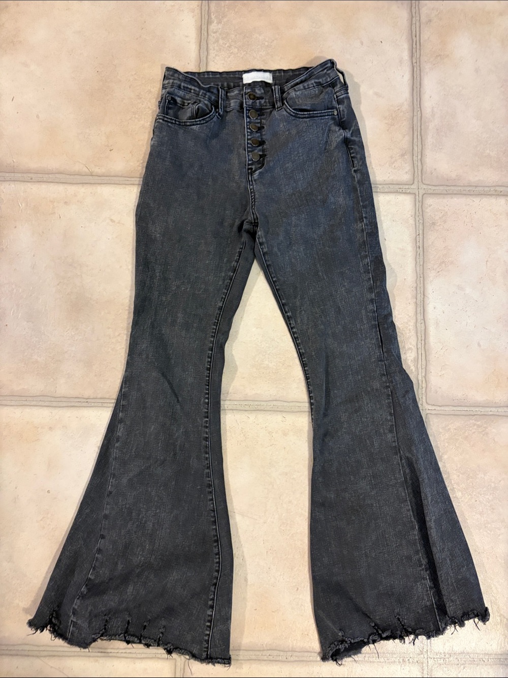 High-Rise Black Flare Jeans with Button Front